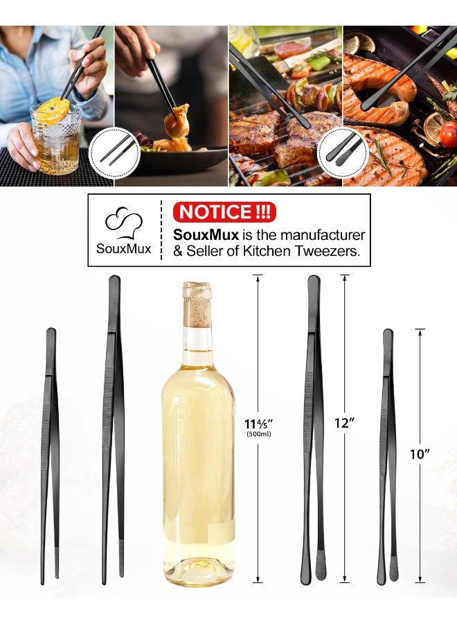 SouxMux 2 Pcs 12-inch Cooking Tweezers Tongs Precision Serrated Tips, Stainless Steel Professional Chef Tweezer Kitchen Tools for BBQ, Plating and Serving (Black) - Image 3